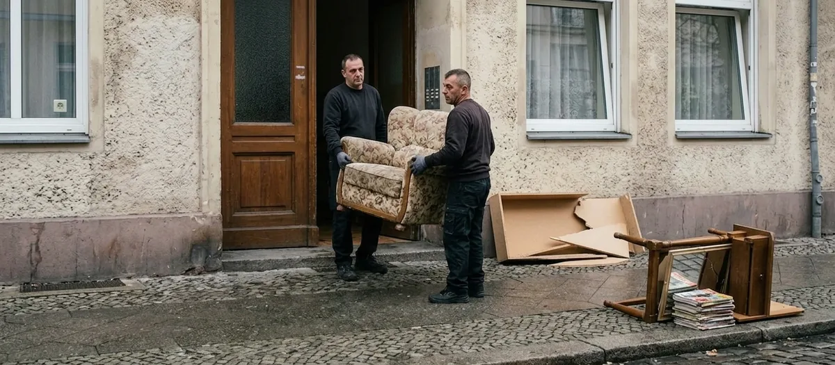 Zwei Helfer tragen einen alten Polstersessel aus dem Hauseingang auf den Gehweg, daneben liegt schon Sperrmüll aus Pressspanplatten.