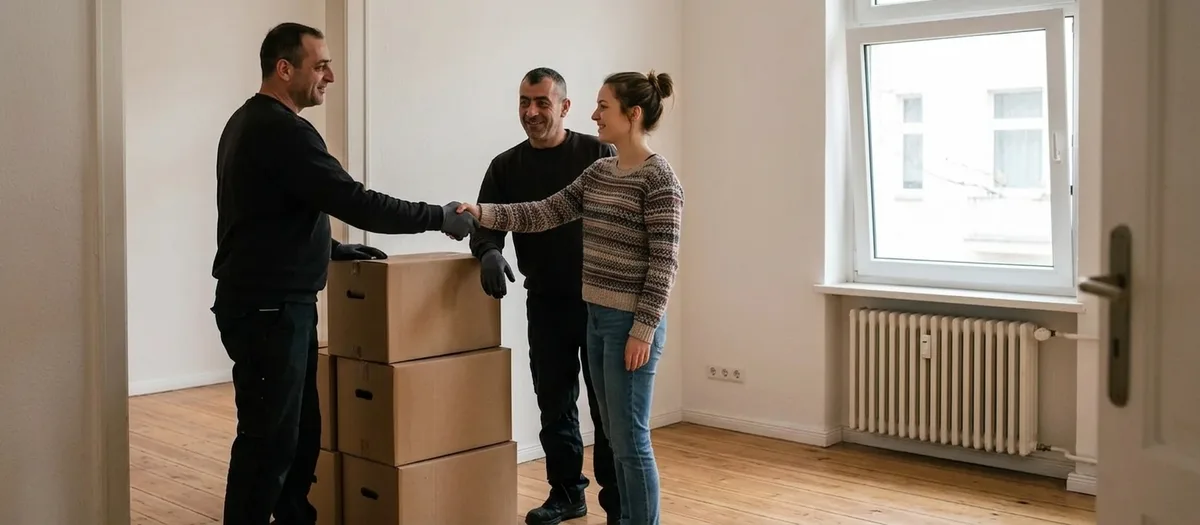 Ein Umzugshelfer gibt einer jungen Kundin in der leeren Wohnung die Hand, neben ihnen stehen drei gepackte Kartons.