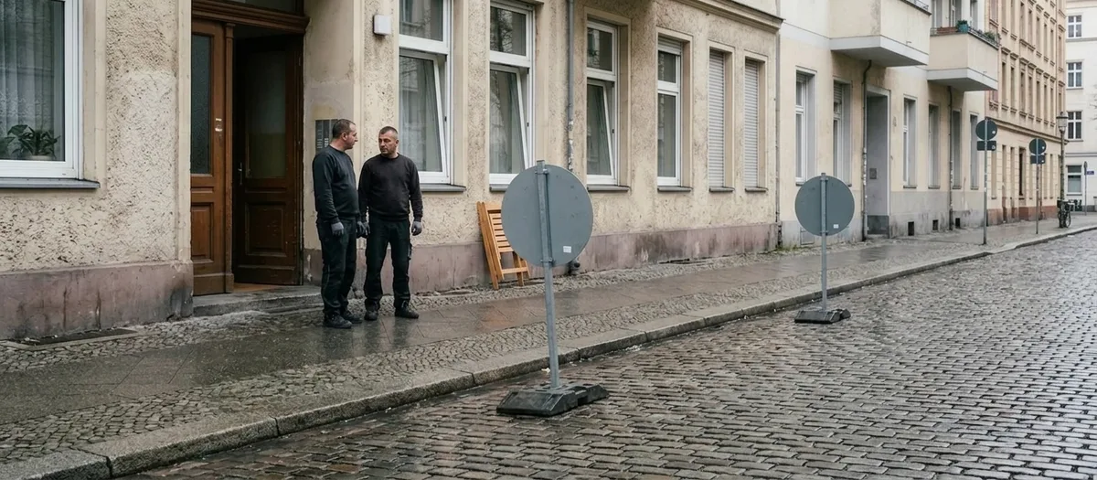 Freigehaltene Parklücke am Bordstein vor einem Altbaueingang, zwei mobile Schilderständer von hinten, zwei Helfer warten am Hauseingang.
