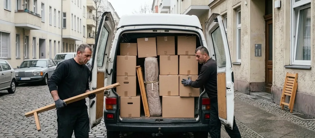 Zwei Helfer laden Kartons und eine eingerollte Matratze durch die Hecktüren in einen schon gut gefüllten Transporter.
