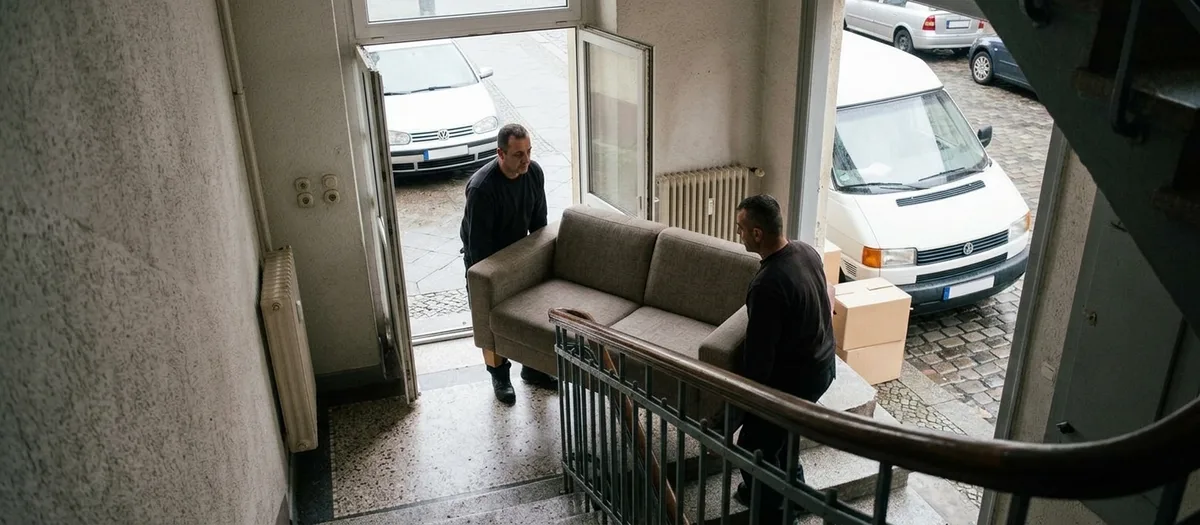 Zwei Umzugshelfer tragen ein kleines Sofa durch den Hauseingang ins Treppenhaus, Blick von oben vom Treppenabsatz.