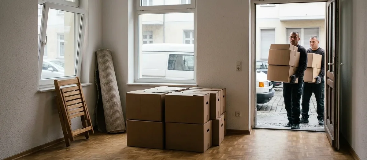 Umzugskartons, ein zusammengerollter Teppich und ein Klappstuhl in einer leeren Einzimmerwohnung, zwei Helfer tragen weitere Kartons durch die Tür.