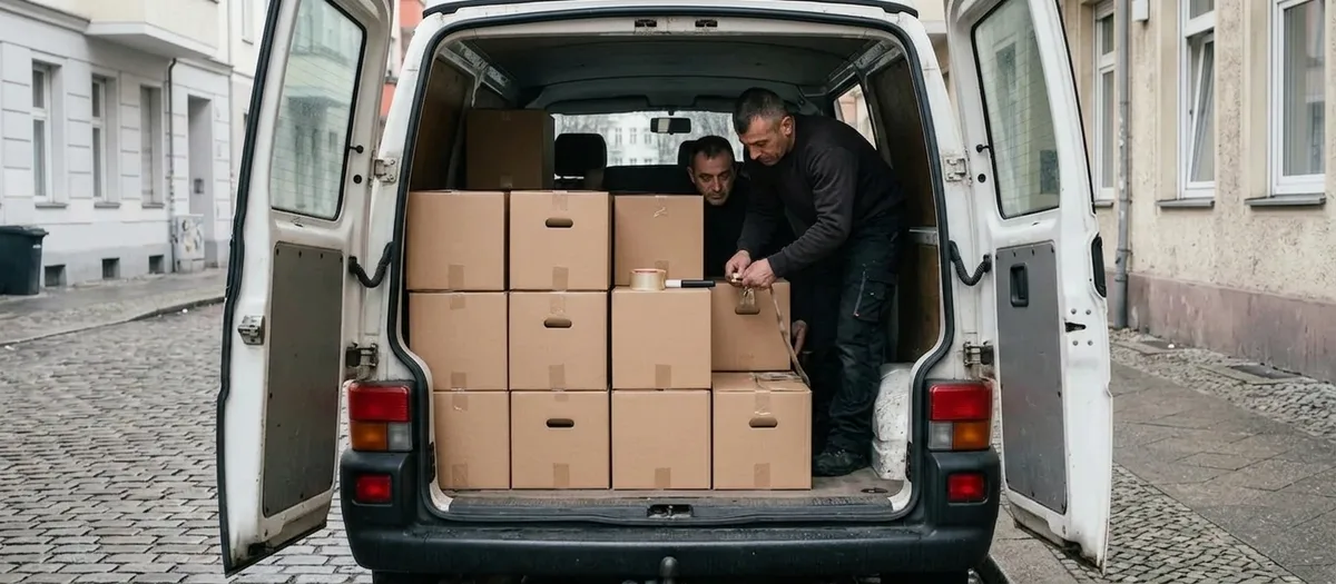 Geöffnete Hecktüren eines Transporters, der Laderaum ist mit schlichten braunen Umzugskartons gefüllt, ein Helfer klebt einen Karton zu.