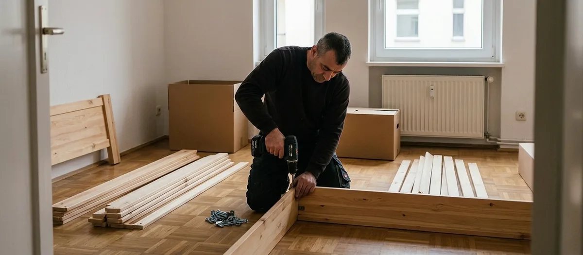 Ein Monteur schraubt auf dem Parkett ein einfaches Bettgestell zusammen, die Latten liegen daneben.