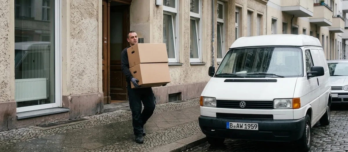 Ein einzelner Umzugshelfer trägt zwei Kartons über den Gehweg zum geparkten Transporter.