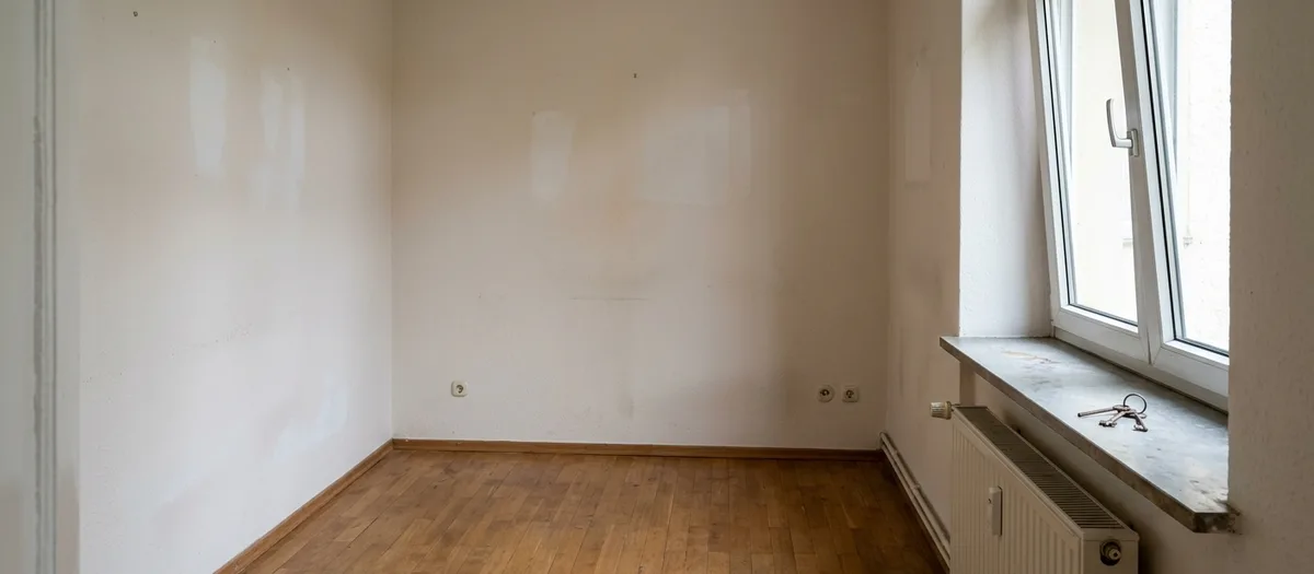 Leer geräumtes Zimmer mit hellen Abdrücken der Möbel an der Wand, auf der Fensterbank liegt ein Schlüsselbund.