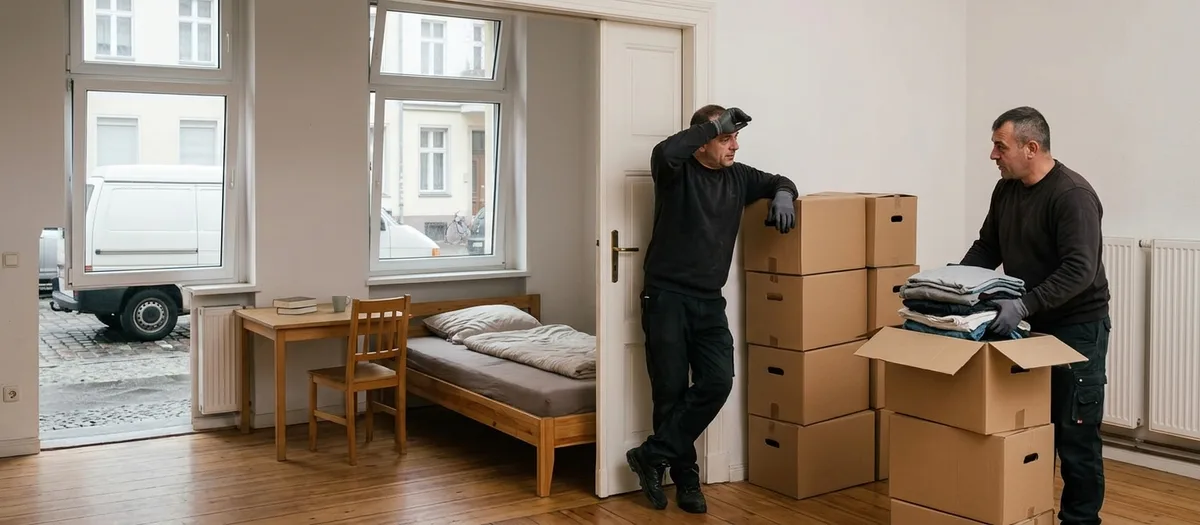 Einzelnes WG-Zimmer mit Bett, Schreibtisch und gestapelten Kartons an der Tür, zwei Helfer packen den Rest zusammen.