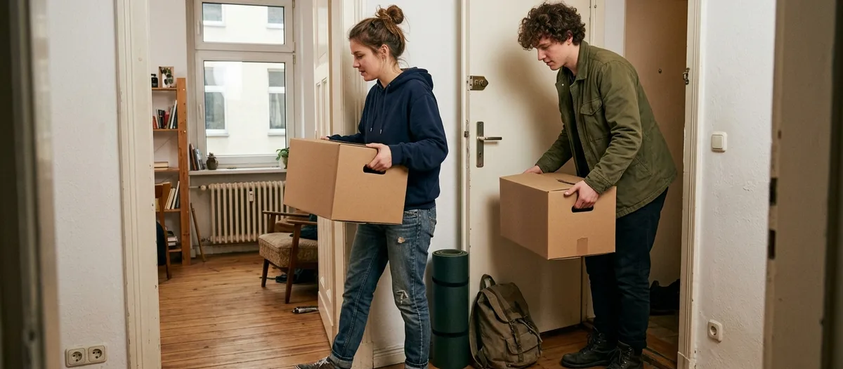 Eine Studentin und ein Student tragen Umzugskartons aus einem möblierten Zimmer, im Flur stehen Rucksack und Isomatte bereit.