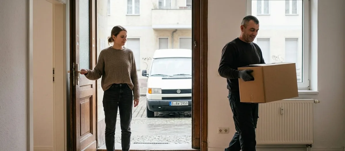 Eine junge Frau hält die Wohnungstür auf, während ein Helfer den letzten Karton hinausträgt, draußen wartet der Transporter.