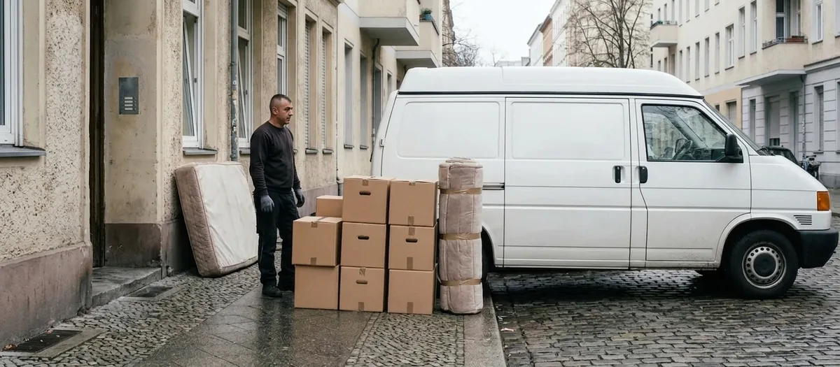 Ein kleiner Transporter steht seitlich am Bordstein, davor warten rund zehn Kartons, eine eingerollte Matratze und ein Helfer.