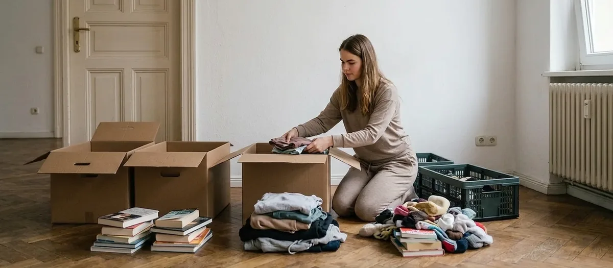 Eine junge Frau kniet vor drei offenen Kartons und sortiert Kleidung und Bücher in getrennte Stapel.
