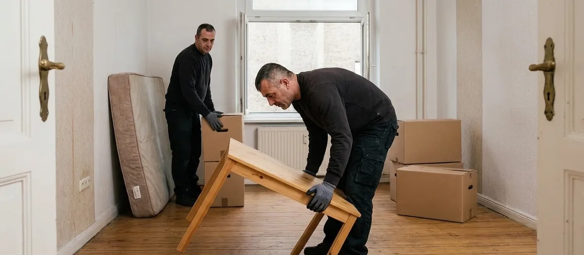 Fast leeres Zimmer mit aufgestellter Matratze, fünf Kartons und einem kleinen Holztisch, den ein Helfer gerade anhebt.