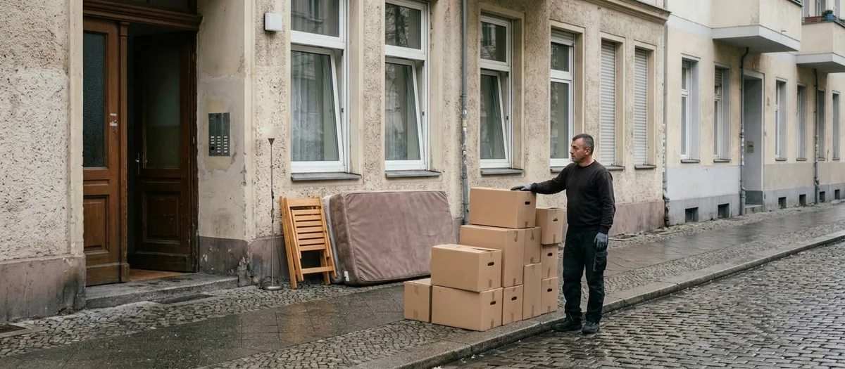 Der komplette Hausrat eines kleinen Umzugs steht auf dem Gehweg: acht Kartons, Matratze, Klappstuhl und Stehlampe, daneben ein Helfer.
