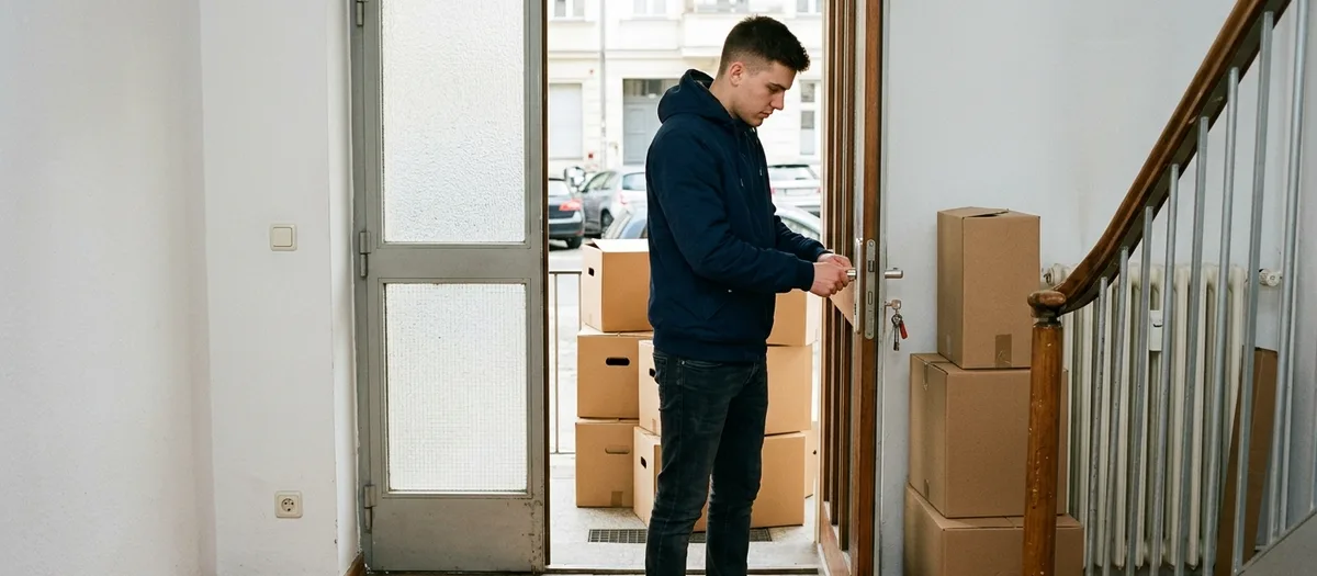 Ein junger Mann schliesst die Tür seiner neuen Wohnung auf, hinter ihm stapeln sich Umzugskartons im Hausflur.